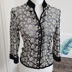 Talbott Petite Sheer Black Ivory Floral Embroidery Button Up Cardigan 6P